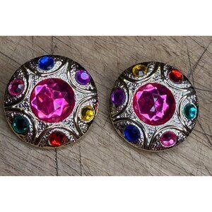 Vintage Gold-Tone Clip-On Earrings With Multicolor Rhinestones & Pink Center Gem